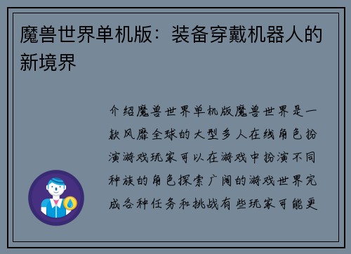魔兽世界单机版：装备穿戴机器人的新境界