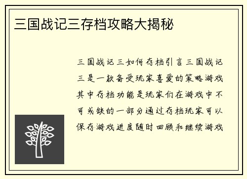 三国战记三存档攻略大揭秘
